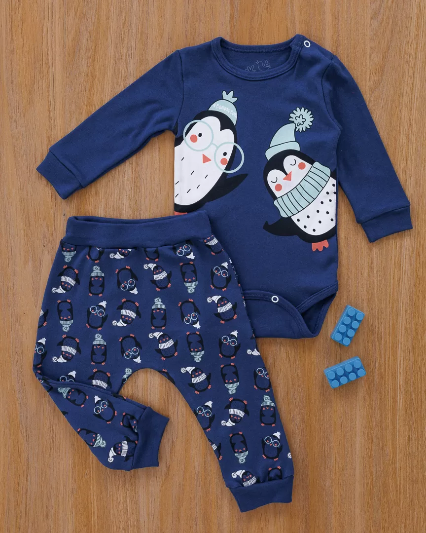 Conjunto Bebê Body e Calça Saruel Pinguins Marinho